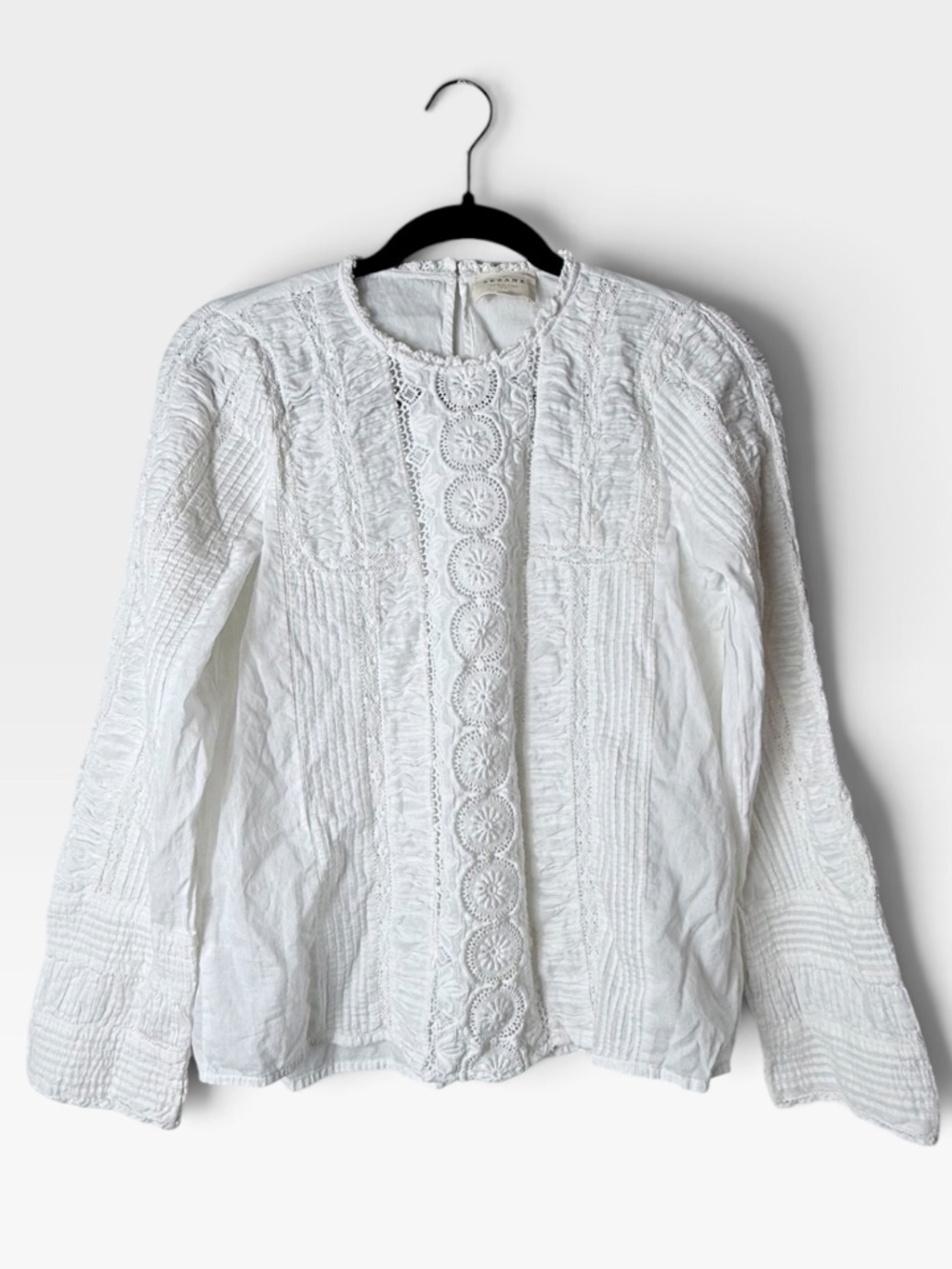 Sezane Embroidered Blouse Size 36 White Summer Lightweight Long Sleeve Shirt (Q)